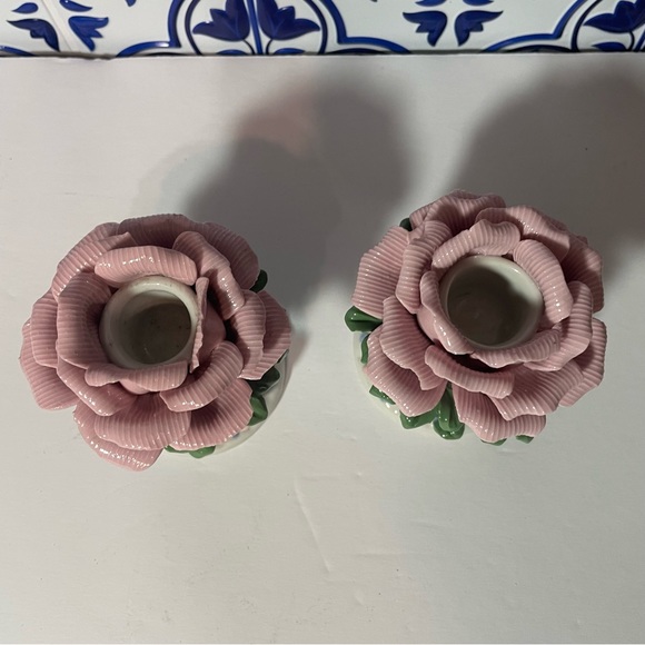 Vintage Set 1970’s Bisque Porcelain Handcrafted Rose Candle Holders on Pedestals - Picture 5 of 13